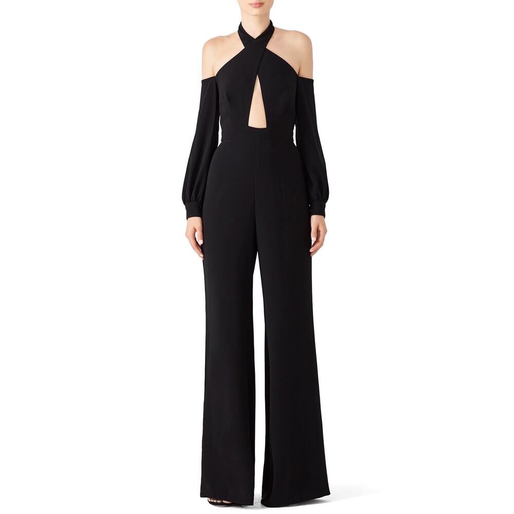 JILL JILL STUART Cold Shoulder Jumpsuit Pantsuit Black Crepe Halter Size 8 RTR